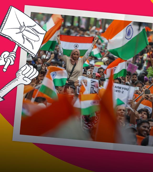 Indien: Kakerlaken-Proteste (mit Demo-Schild, Fäusten und Flaggen)