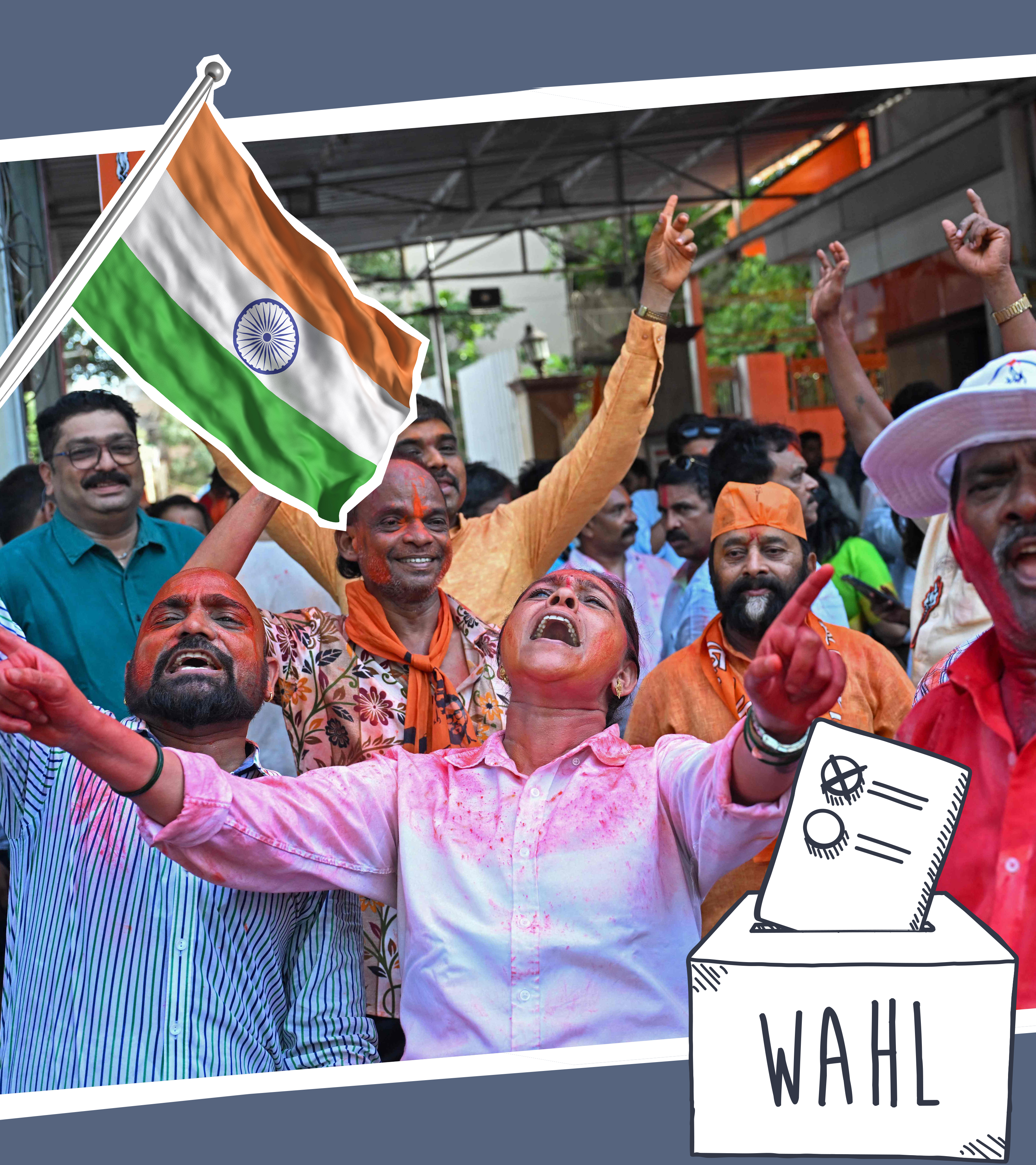 Feiernde Wähler*innen, eine indische Flagge und eine Wahlurne