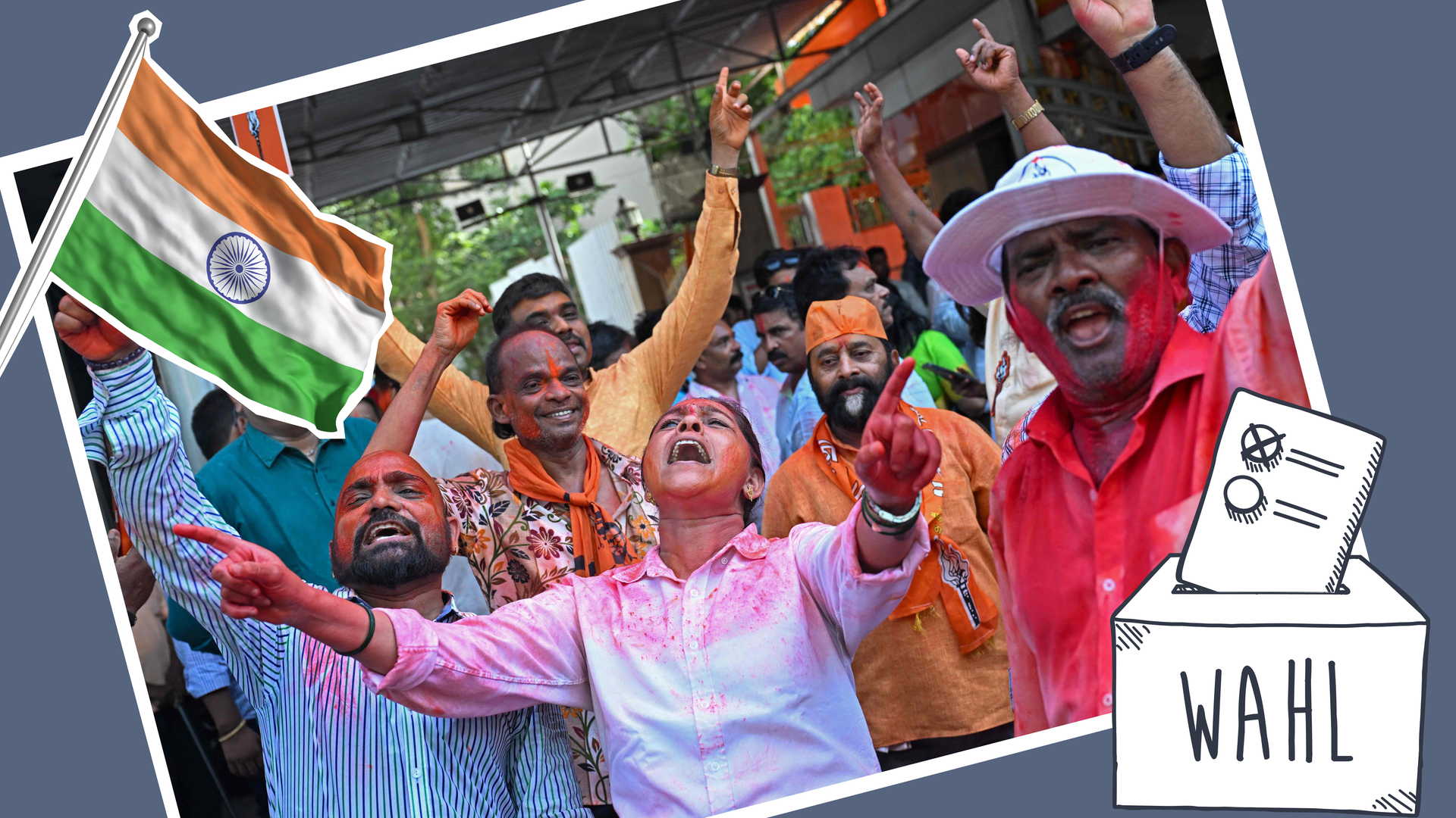 Feiernde Wähler*innen, eine indische Flagge und eine Wahlurne