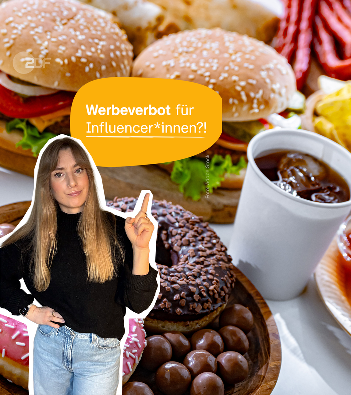 Ungesunde Lebensmittel, im Vordergrund Host Johanna 