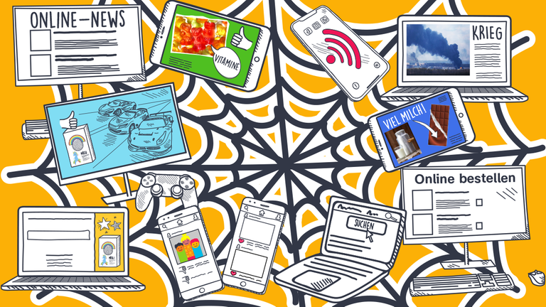 Ganz viele Computer, Tablets und Handys und ein Spinnennetz