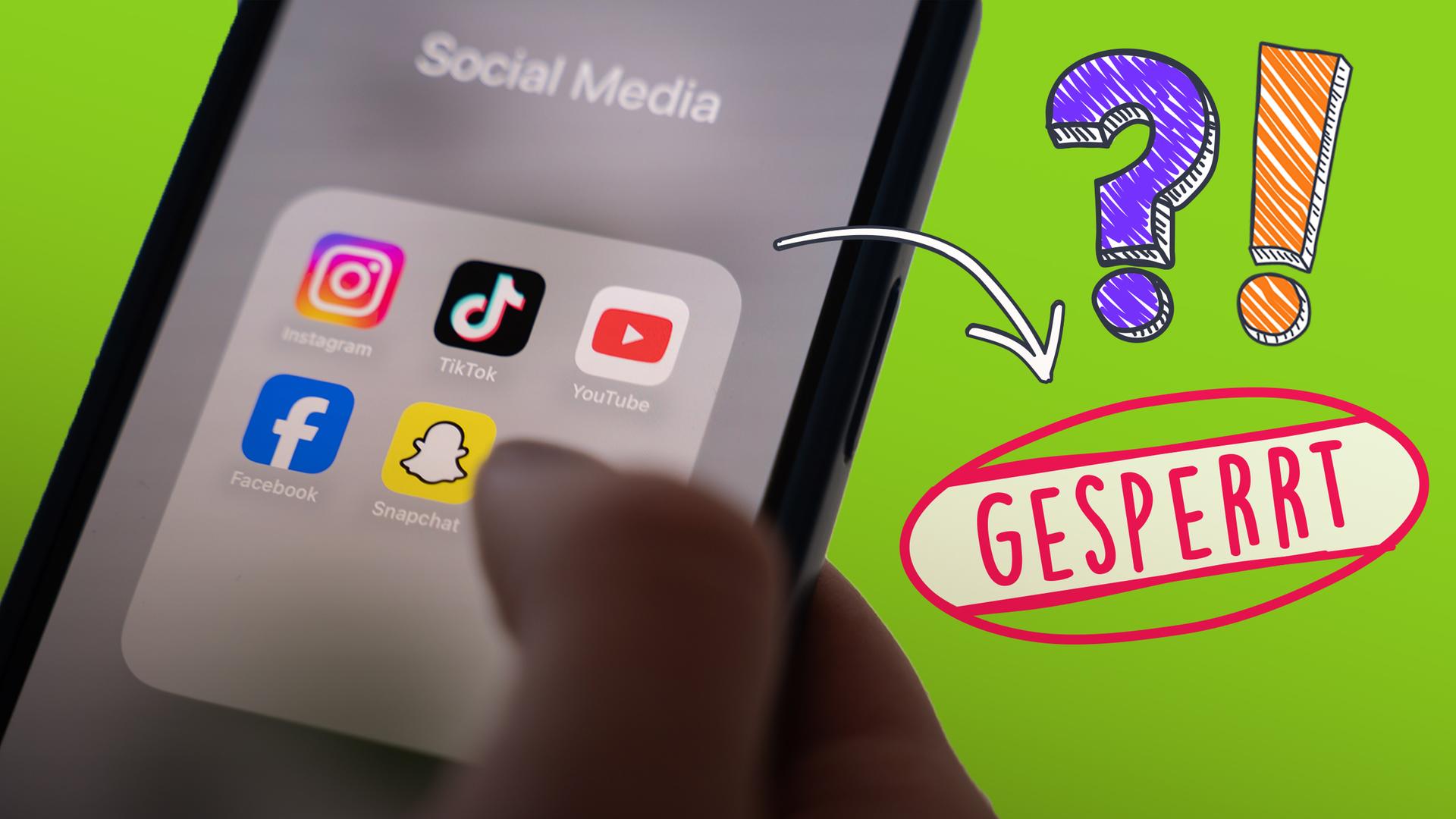Hand an Smartphone mit Social Media Apps, daneben Schrift "gesperrt" und Ausrufe- und Fragezeichen