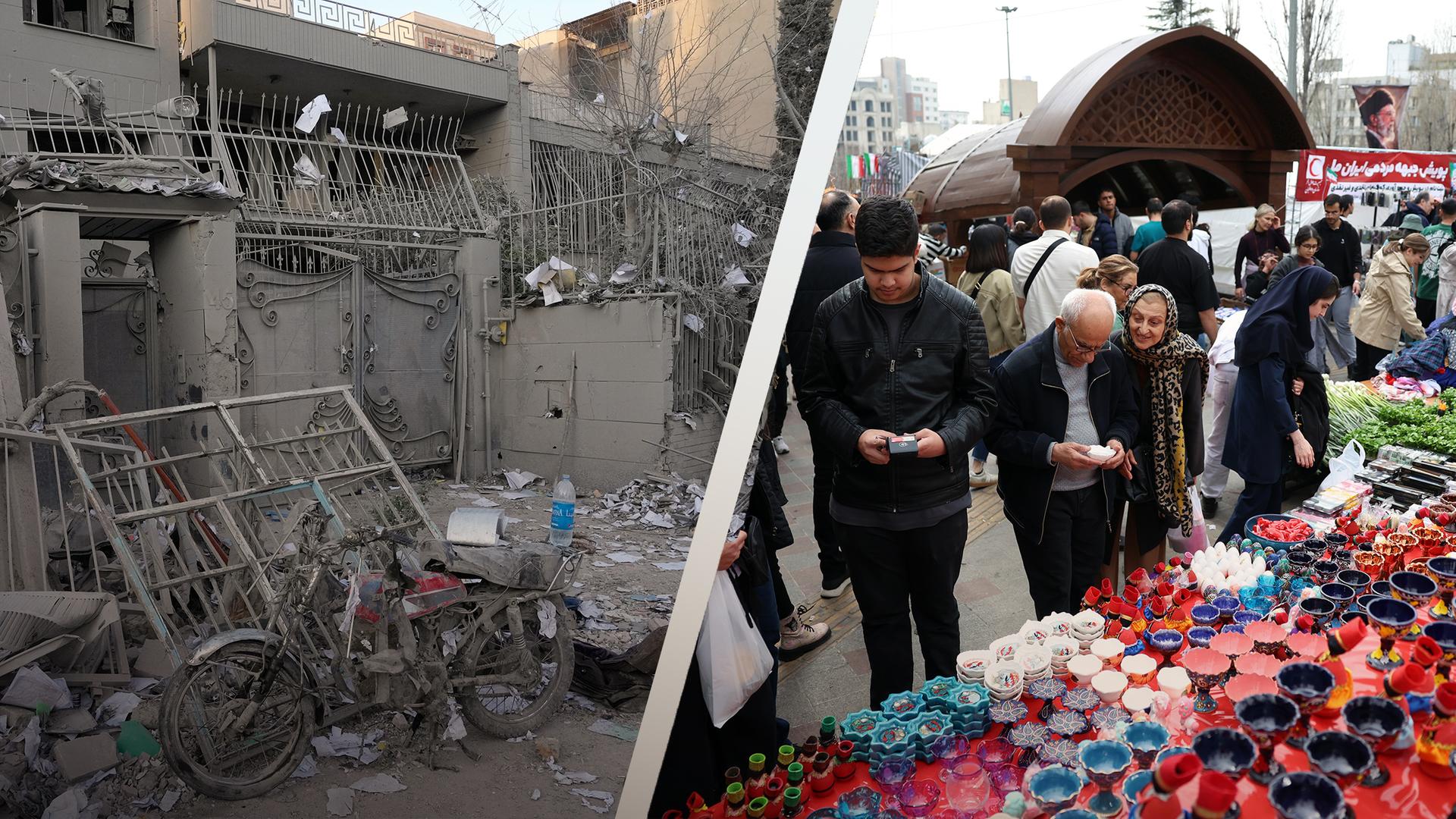 Grafik: Splitscreen - links Foto eines zertümmerten Hauses - rechts Marktszene, Menschen shoppen Dinge