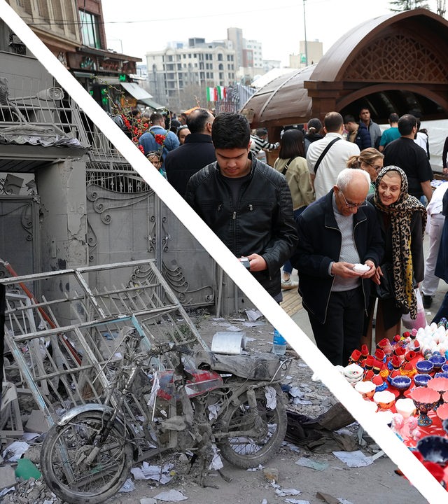 Grafik: Splitscreen - links Foto eines zertümmerten Hauses - rechts Marktszene, Menschen shoppen Dinge