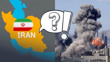 Auf der einen Hälfte des Bildes ist eine Karte von Iran zu sehen mit der iranischen Flagge. Auf der anderen Seite ein Bild von Explosionen und Rauch. Über beide Bildhälften liegt eine Sprechblase mit Fragezeichen und ein großes Ausrufezeichen. 