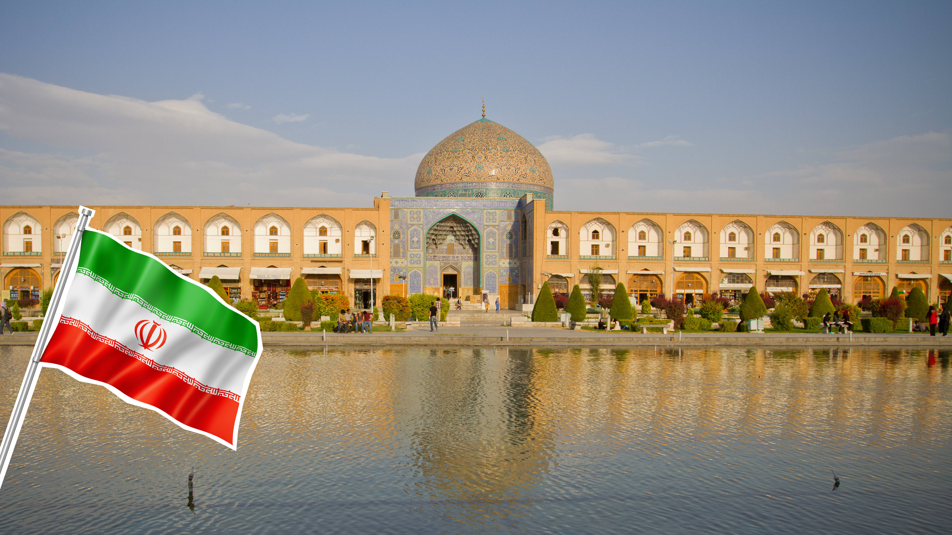 Im Hintergrund Palast in Isfahan im Vordergrund eine ausgeschnittene Flagge von Iran