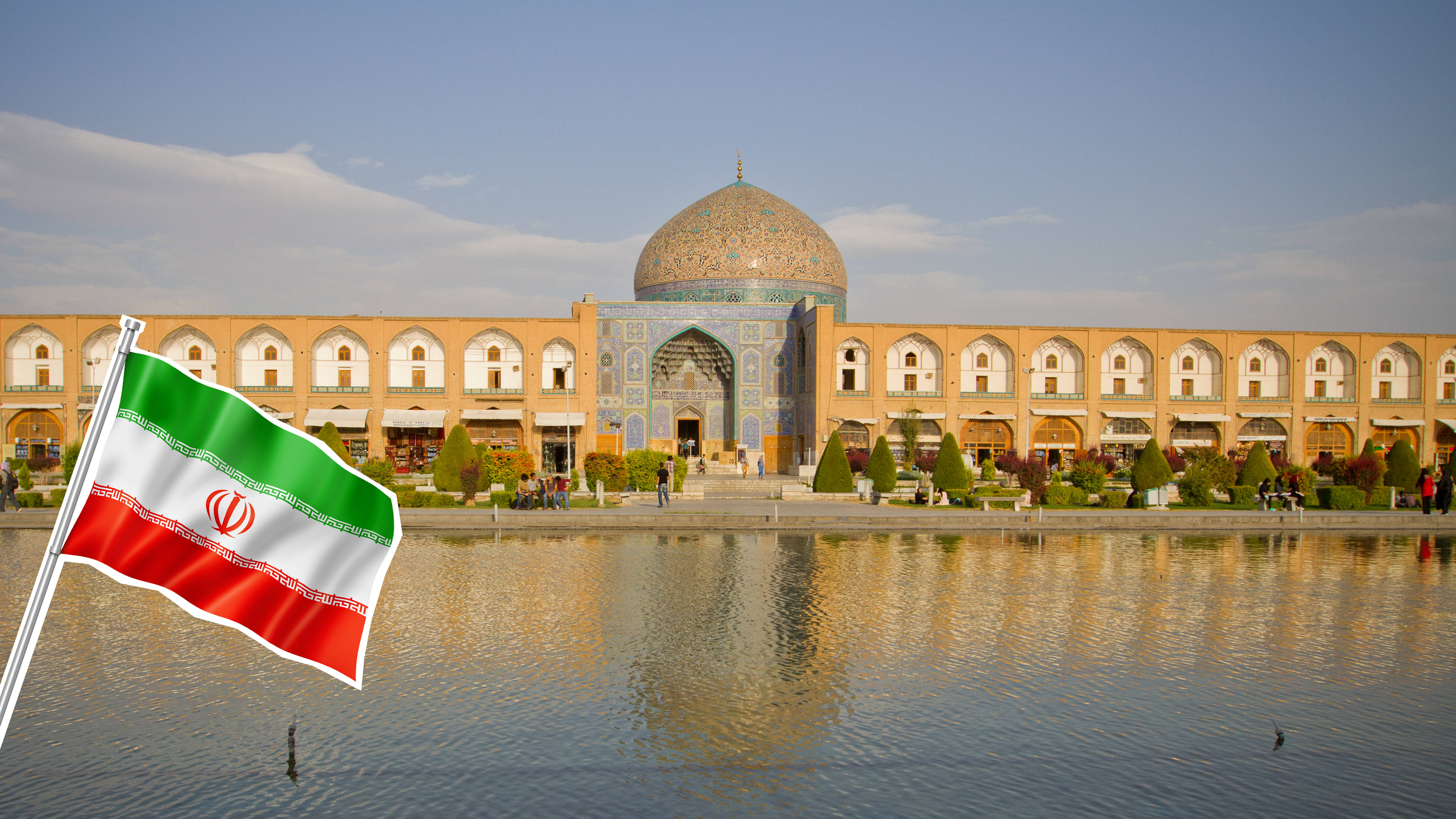 Im Hintergrund Palast in Isfahan im Vordergrund eine ausgeschnittene Flagge von Iran