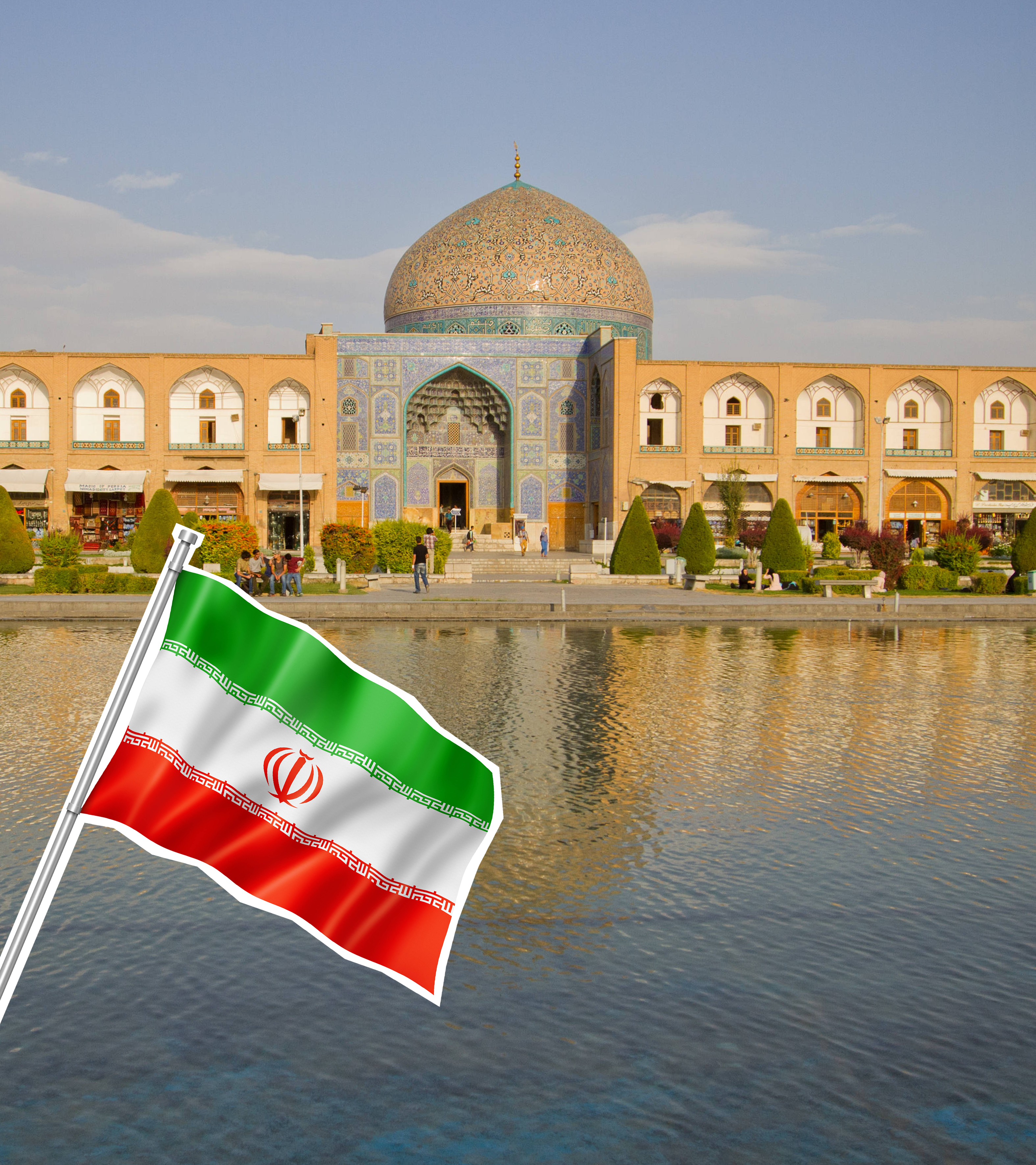 Im Hintergrund Palast in Isfahan im Vordergrund eine ausgeschnittene Flagge von Iran
