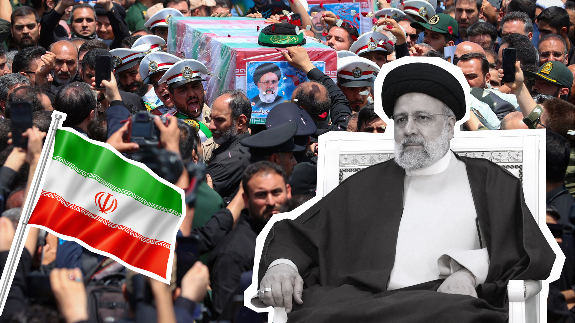 Trauerzug Raisis, Foto von Raisi in schwarz-weiß und iranische Flagge