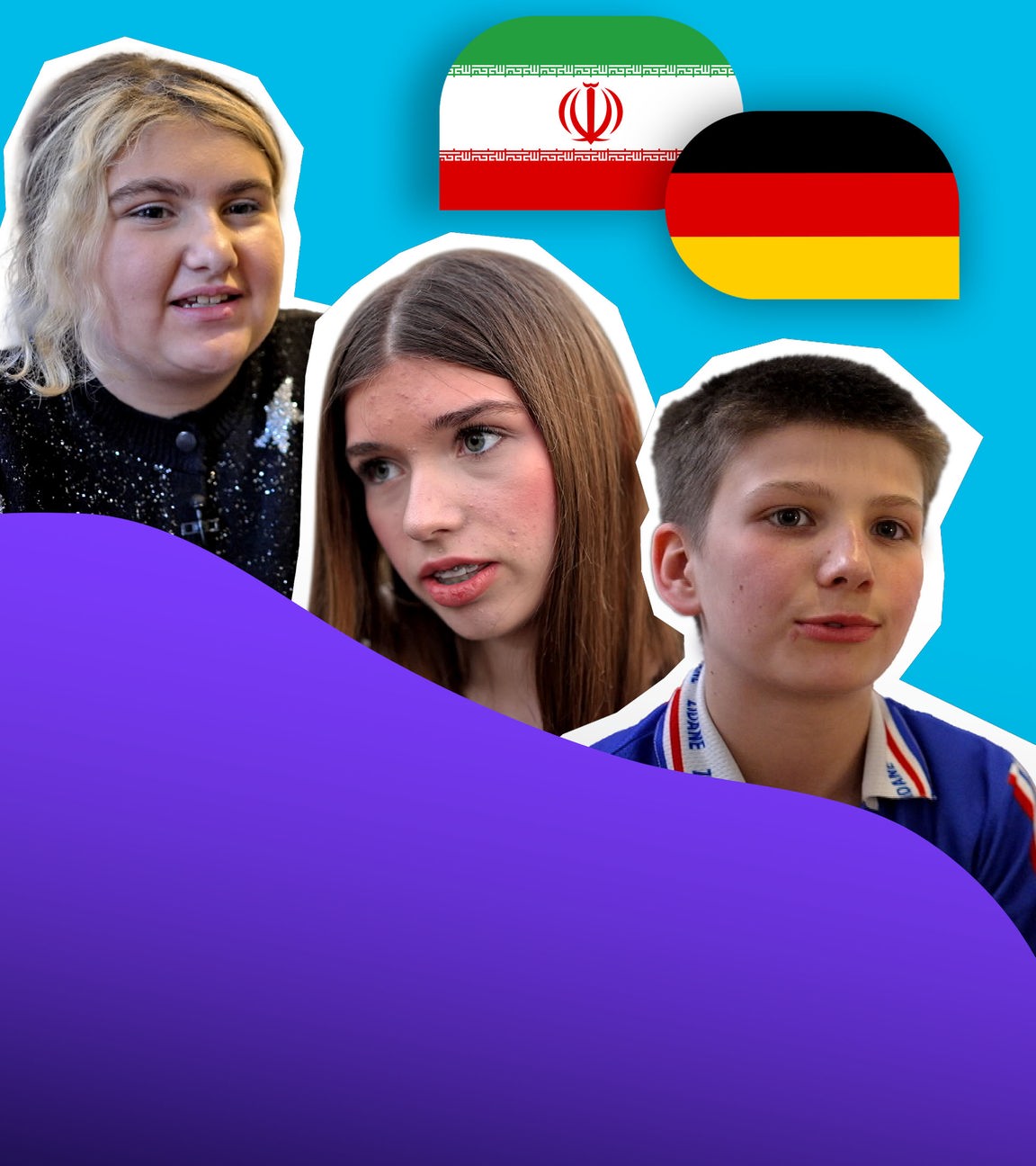 Cutouts von drei Jugendlichen: Ein Junge und zwei Mädchen. Daneben eine deutsche und eine iranische Flagge.