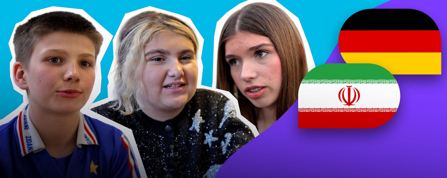 Cutouts von drei Jugendlichen: Ein Junge und zwei Mädchen. Daneben eine deutsche und eine iranische Flagge.