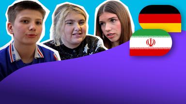 Cutouts von drei Jugendlichen: Ein Junge und zwei Mädchen. Daneben eine deutsche und eine iranische Flagge.