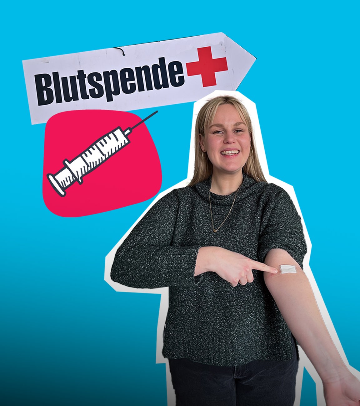 Isabelle mit Pflaster auf ihrem Arm und ein Schild "Blutspende" mit einer gezeichneten Spritze