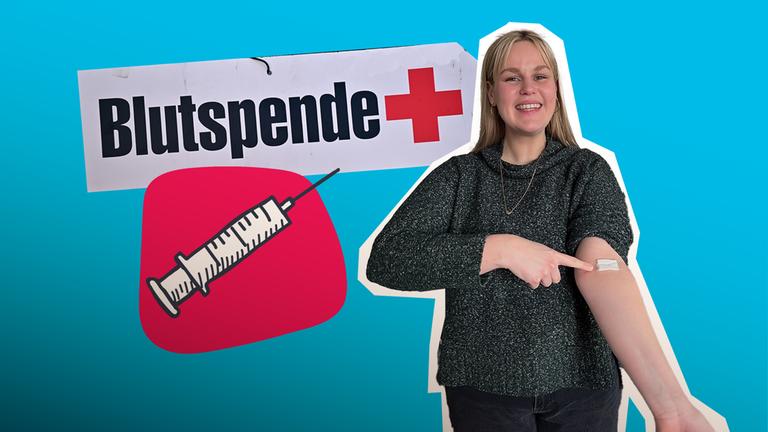 Isabelle mit Pflaster auf ihrem Arm und ein Schild "Blutspende" mit einer gezeichneten Spritze