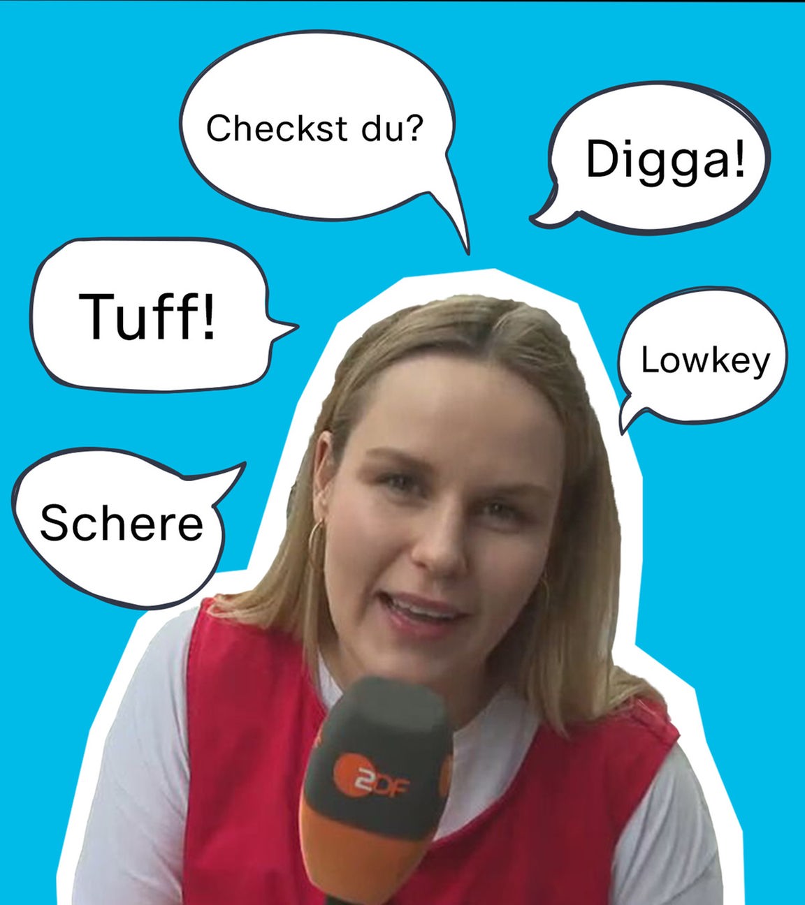 logo!-Reporterin Isabelle vor einem blauen Hintergrund. In Sprechblasen um sie herum mögliche Jugendwörter des Jahres: Digga, tot, tuff, Checkst du?, Lowkey, Schere