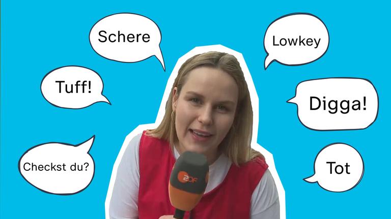 logo!-Reporterin Isabelle vor einem blauen Hintergrund. In Sprechblasen um sie herum mögliche Jugendwörter des Jahres: Digga, tot, tuff, Checkst du?, Lowkey, Schere