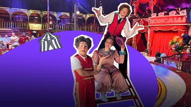 Eine Collage zeigt eine Circusmanege, zwei Clowns und Isabelle verkleidet als Clown, darunter ein lila Hintergrund.