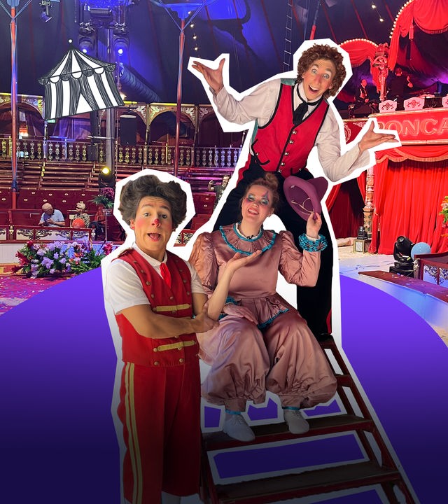 Eine Collage zeigt eine Circusmanege, zwei Clowns und Isabelle verkleidet als Clown, darunter ein lila Hintergrund.