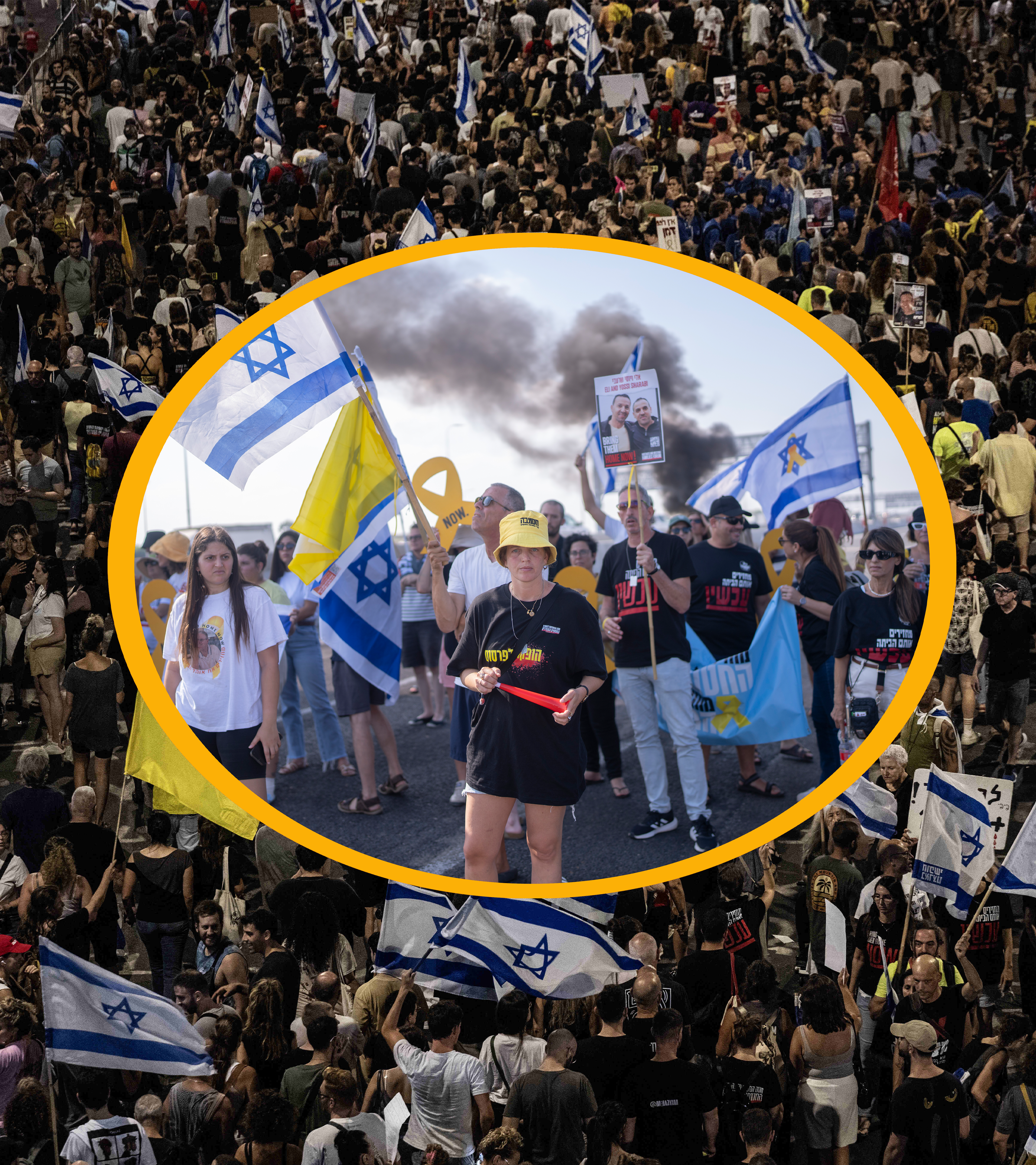 Große Masse Menschen Protestierender, junge Frau mit Plakat und israelischer Flagge