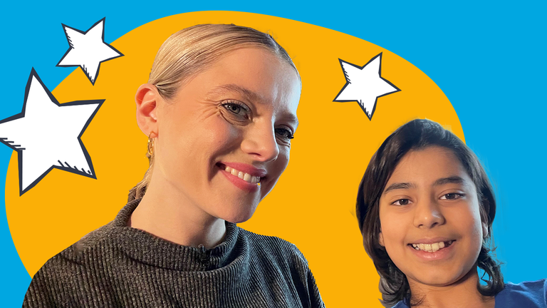 Jella Haase und KinderreporterinVivaan lachen in die Kamera.