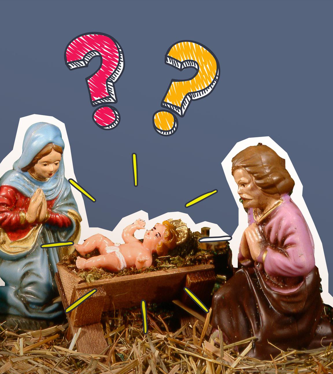 Weihnachtskrippe mit Jesus und Strahlen und Fragezeichen.
