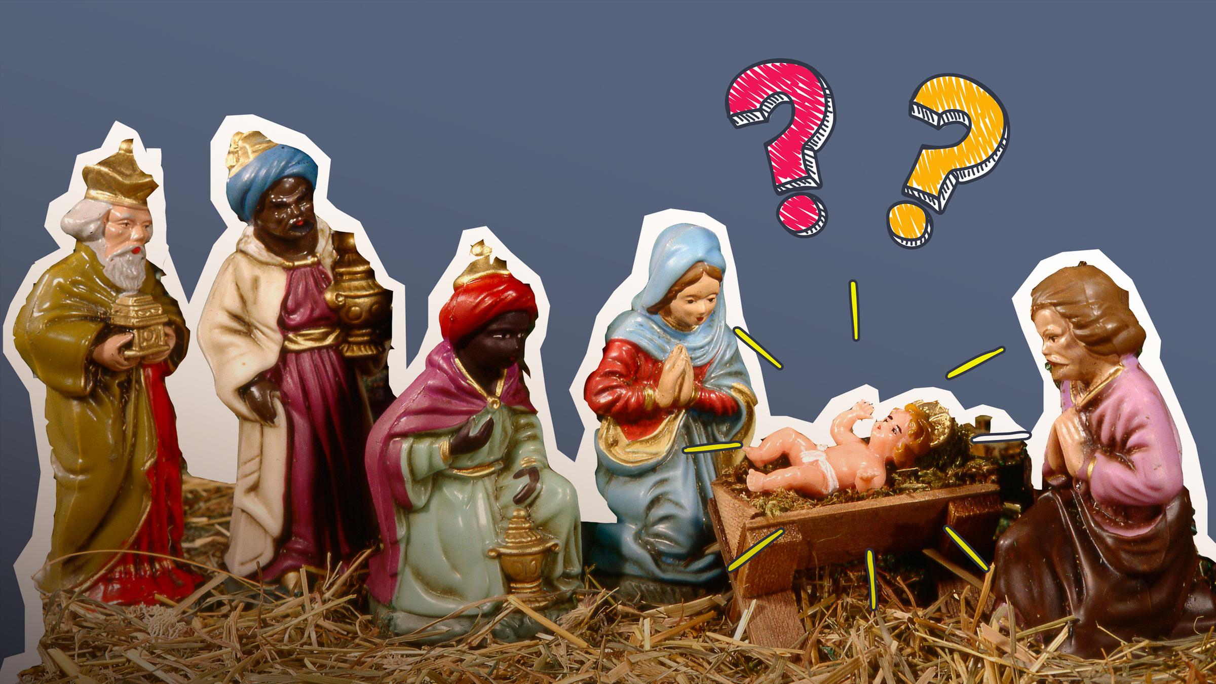 Weihnachtskrippe mit Jesus und Strahlen und Fragezeichen.