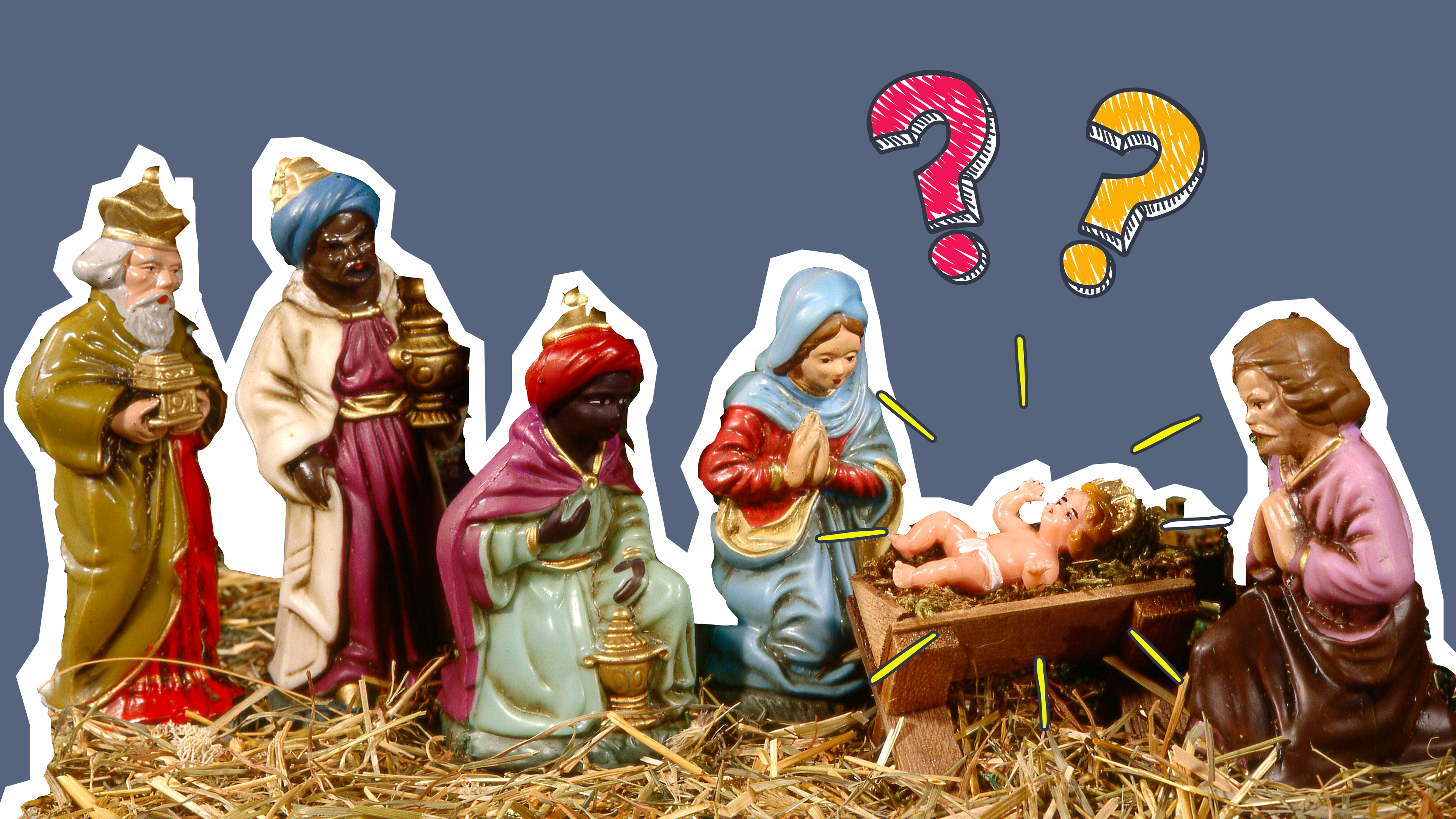 Weihnachtskrippe mit Jesus und Strahlen und Fragezeichen.