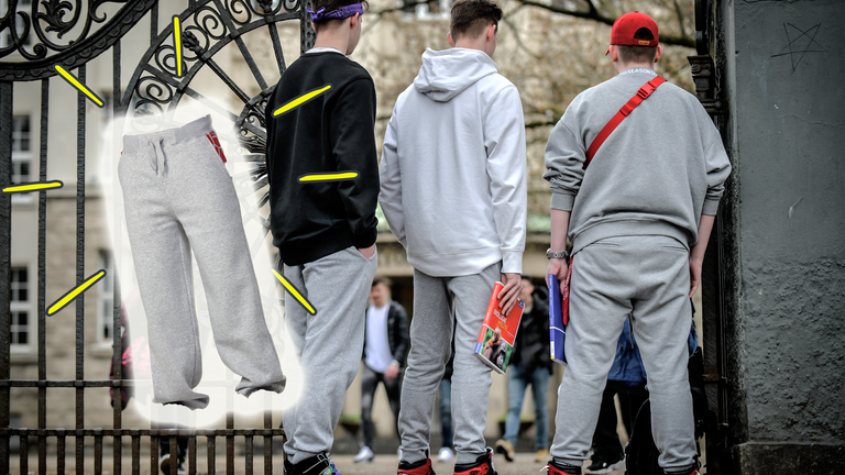 Drei Teenager in Jogginghose vor der Schule, eine Jogginghose mit Umfrandung und Strahlen.