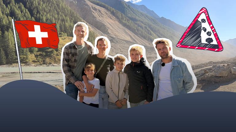 Collage: Reporter Johannes steht mit Familie vor Bergpanorama, daneben Bergsturz-Verkehrsschild und Schweiz-Flagge