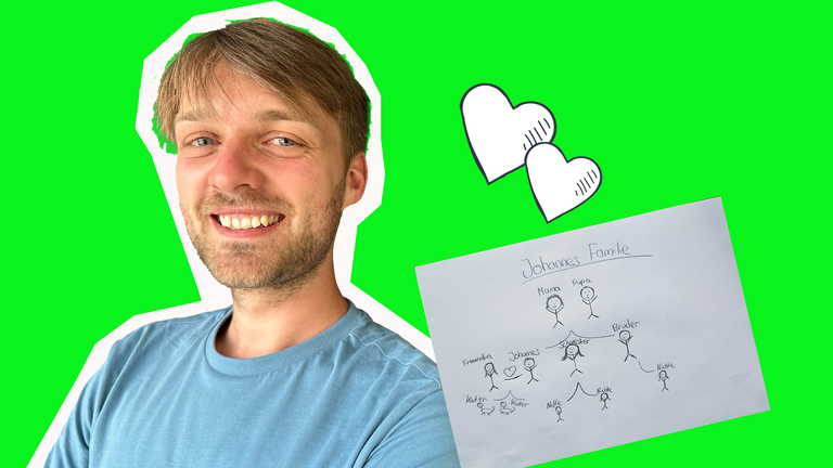 logo! Moderator Johannes und ein selbst gemaltes Bild seiner Familie 