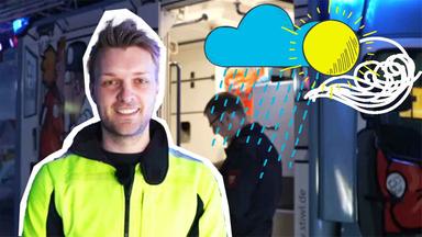 Reporter Johannes mit Sanitätern und Grafiken von Regenwolken, Sonne und Wind.