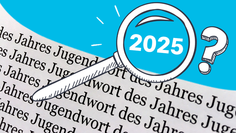 Ein Zeitungsausschnitt ist zu sehen, auf dem das Wort "Jugendwort" wiederholt gedruckt ist. Außerdem ein blauer Hintergrund und eine Lupe, die das Jahr "2025" vergrößert. 