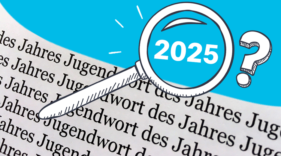 Ein Zeitungsausschnitt ist zu sehen, auf dem das Wort "Jugendwort" wiederholt gedruckt ist. Außerdem ein blauer Hintergrund und eine Lupe, die das Jahr "2025" vergrößert. 