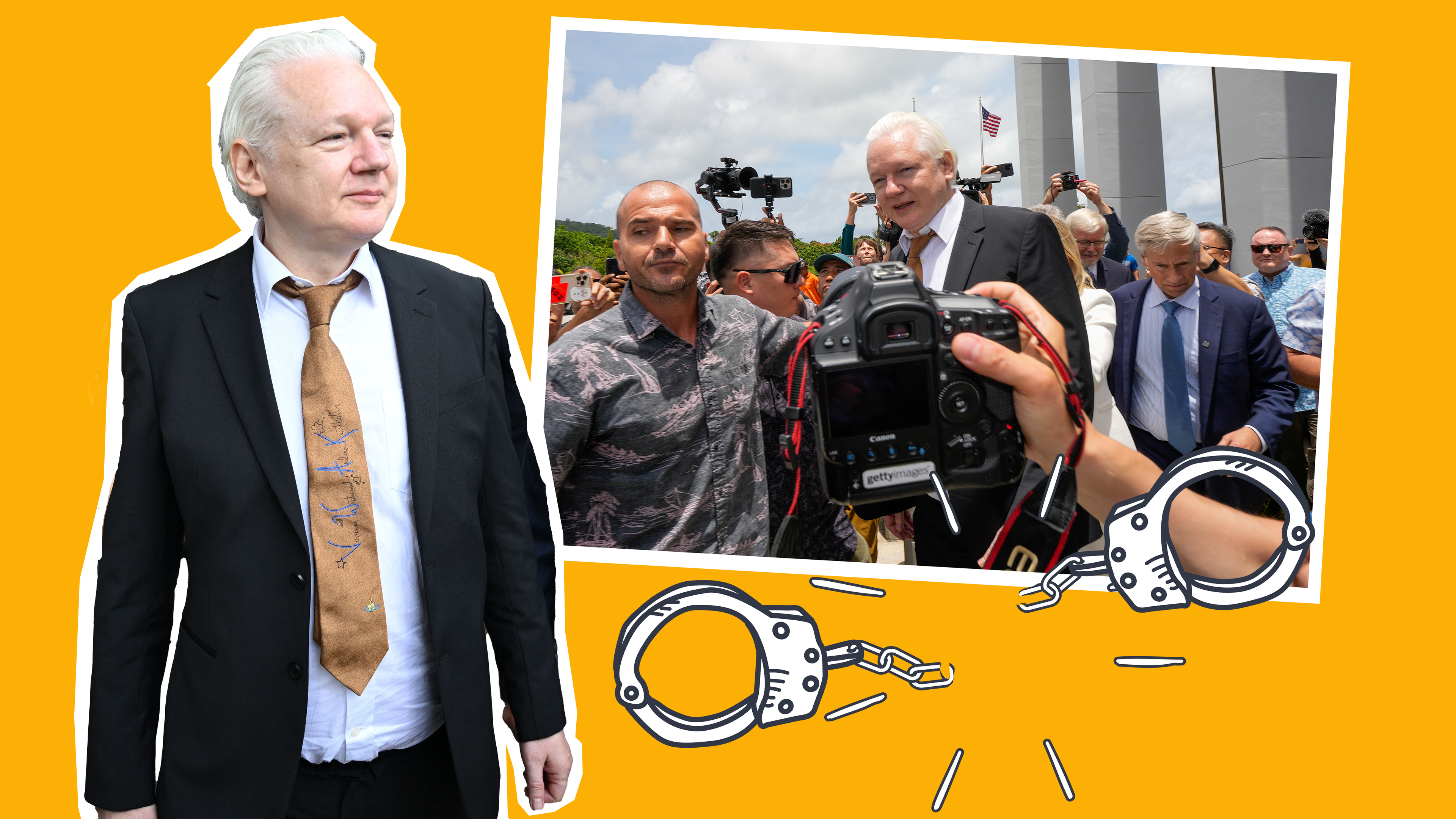 Julian Assange als Cutout, Foto von ihm im Presserummel, kaputte Handschellen
