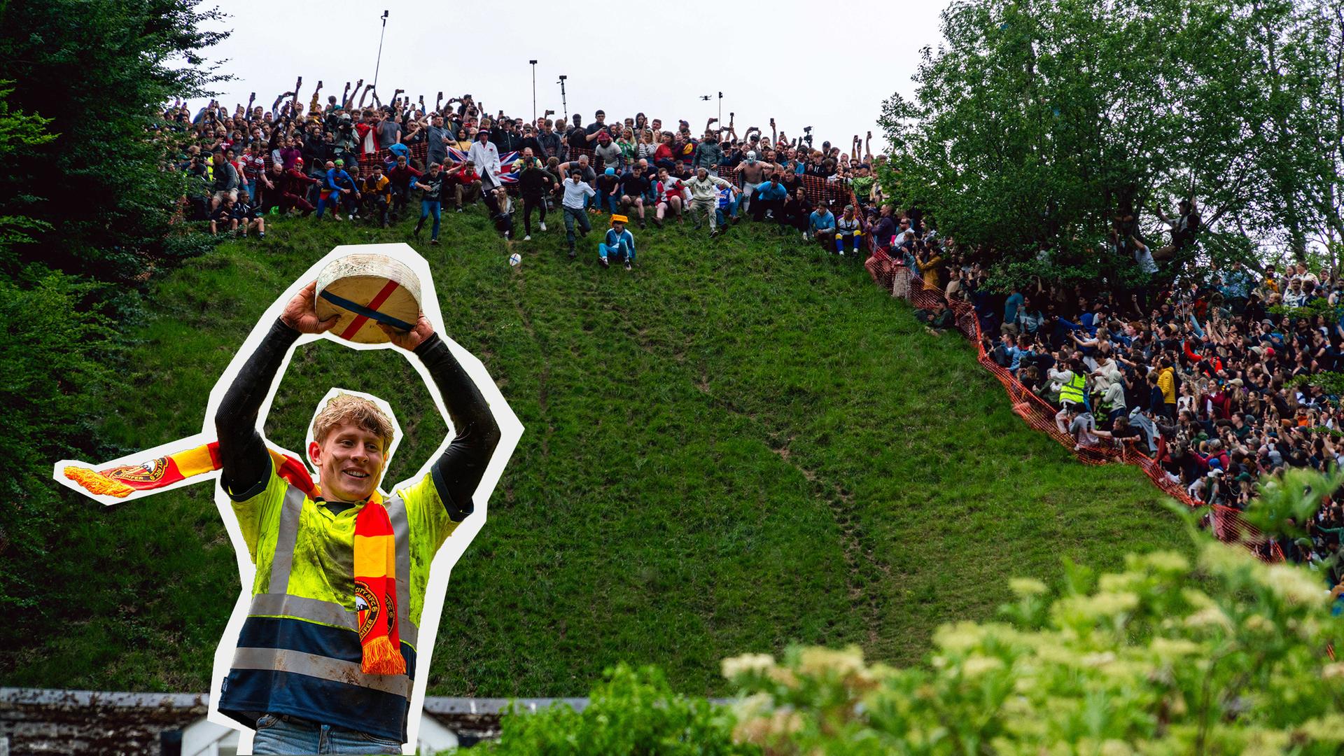 Käserennen in England, Personen rennen einen kleinen Hang herunter