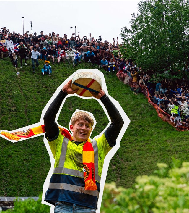 Käserennen in England, Personen rennen einen kleinen Hang herunter