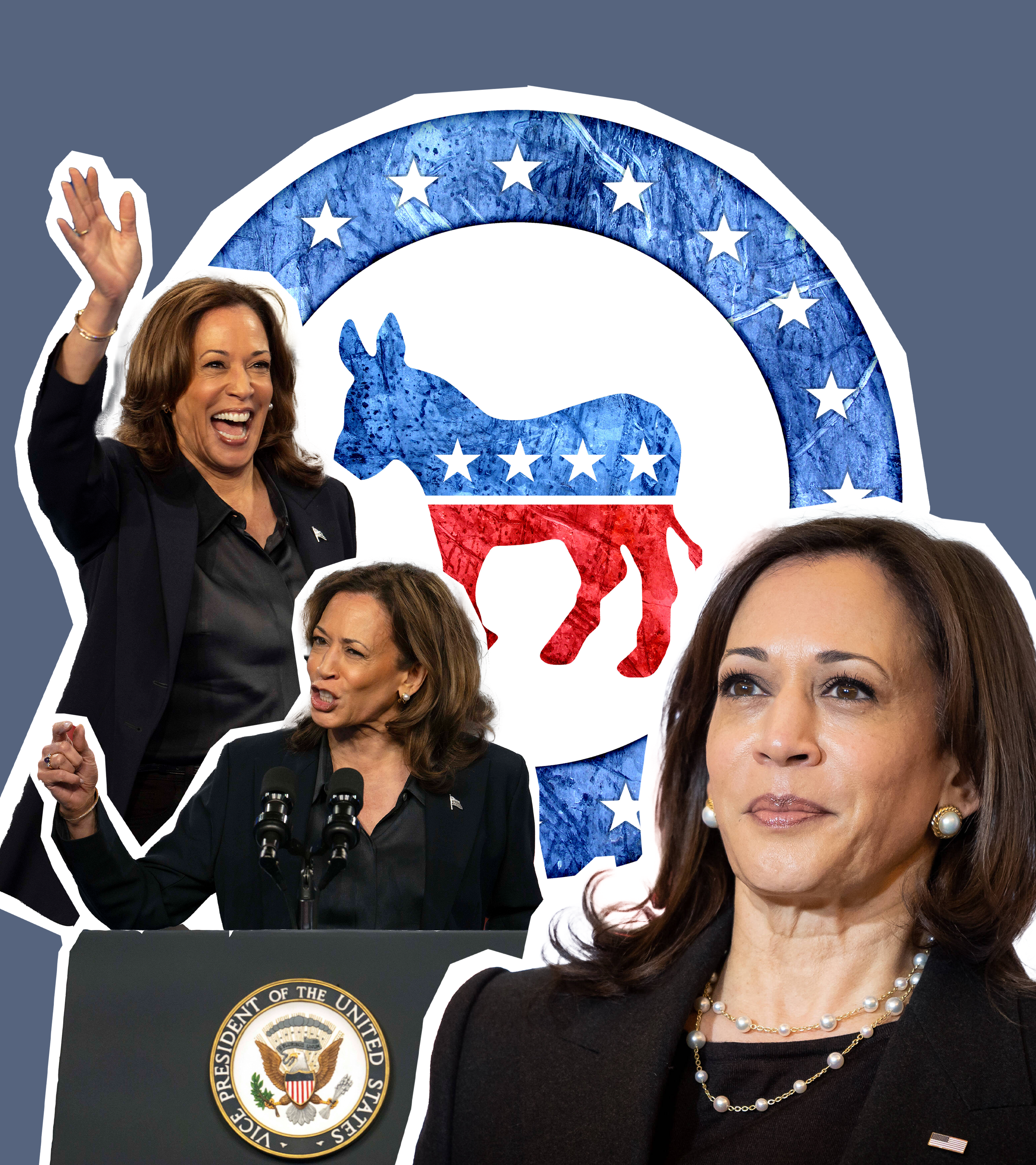 Drei ausgeschnittene Bilder von Kamala Harris und das Logo der Demokraten