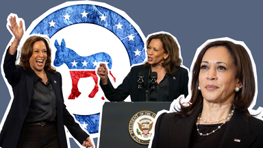 Drei ausgeschnittene Bilder von Kamala Harris und das Logo der Demokraten