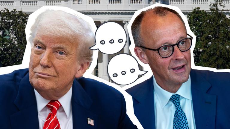 Eine Collage von Merz und Trump mit zwei Sprechblasen vor dem Weißen Haus