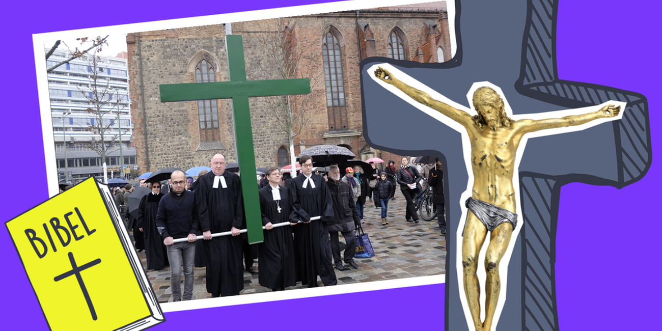 Karfreitag-Prozession mit Kreuz und gekreuzigtem Jesus, dazu eine gelbe Bibel