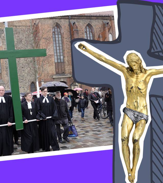 Karfreitag-Prozession mit Kreuz und gekreuzigtem Jesus, dazu eine gelbe Bibel