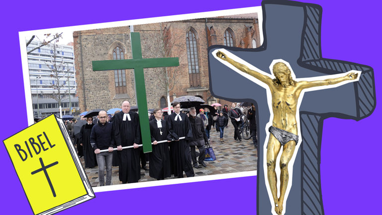 Karfreitag-Prozession mit Kreuz und gekreuzigtem Jesus, dazu eine gelbe Bibel