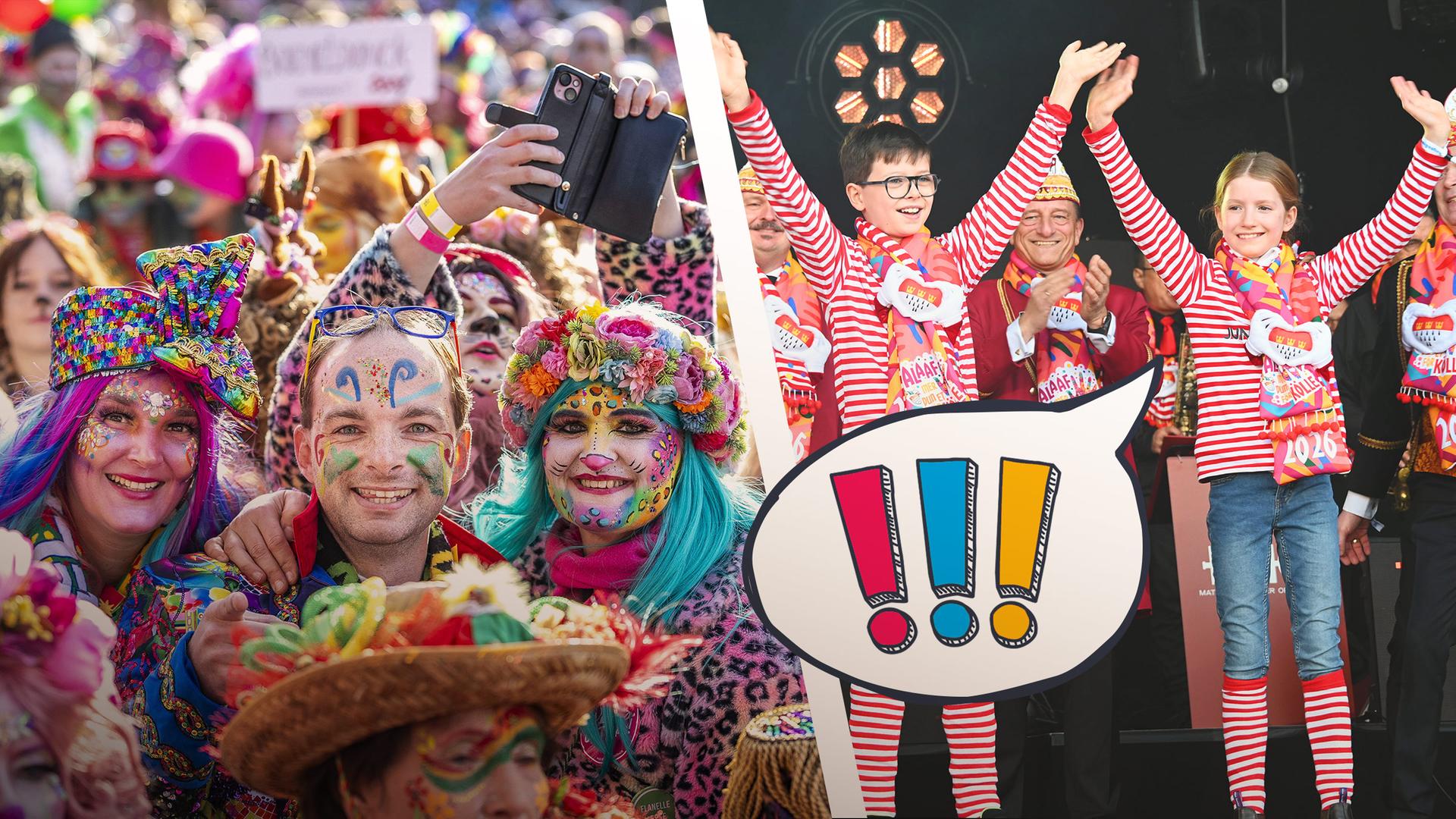 Winkende Kinder und geschminkte und verkleidete Mensche, alles ist bunt