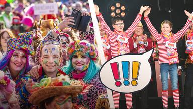 Winkende Kinder und geschminkte und verkleidete Mensche, alles ist bunt