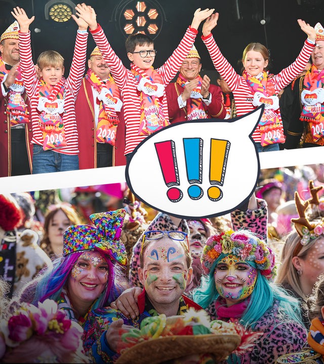 Winkende Kinder und geschminkte und verkleidete Mensche, alles ist bunt