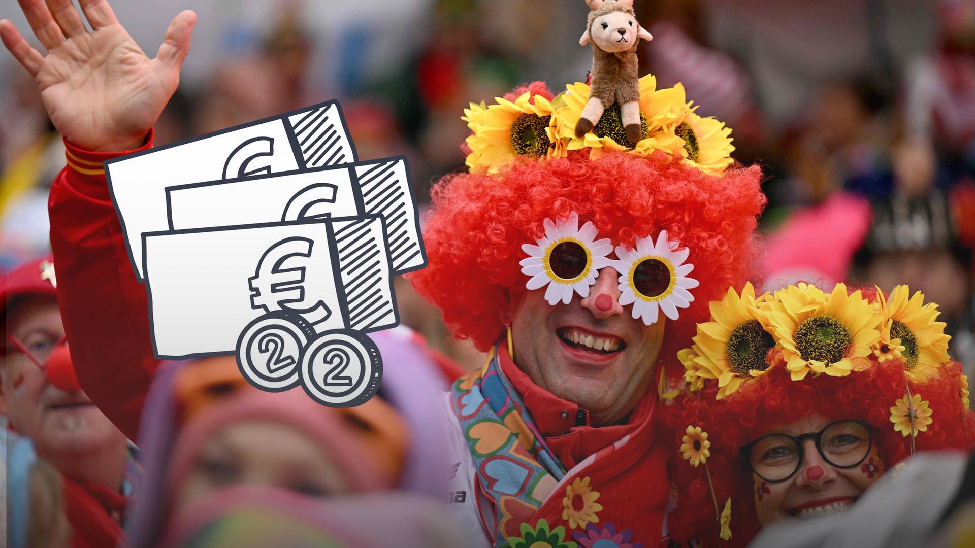 Menschen feiern Karneval. Sie sind als Clowns verkleidet. Daneben sind grafisch mehrer Geldscheine und Münzen dargestellt.