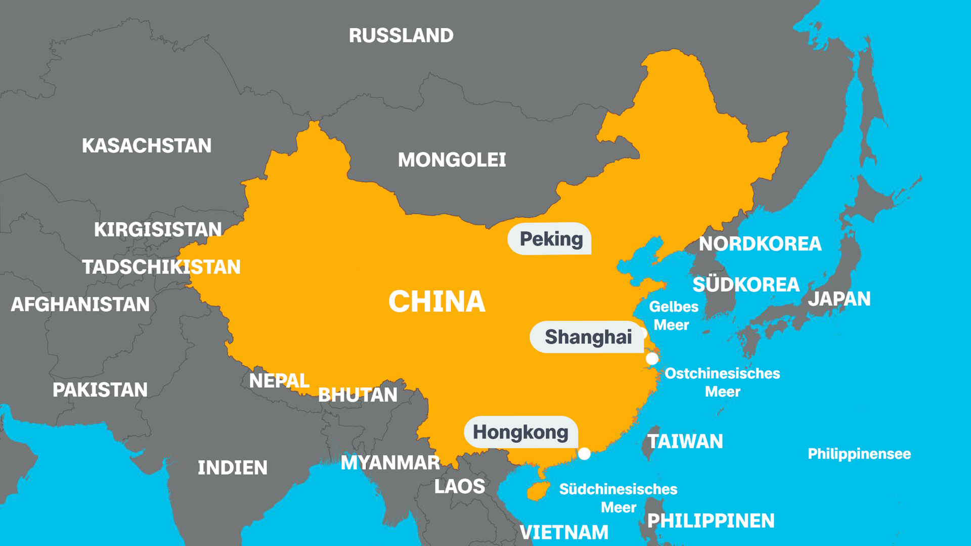 Eine Karte von CHina mit den Nachbarländern, Städten und Meeren