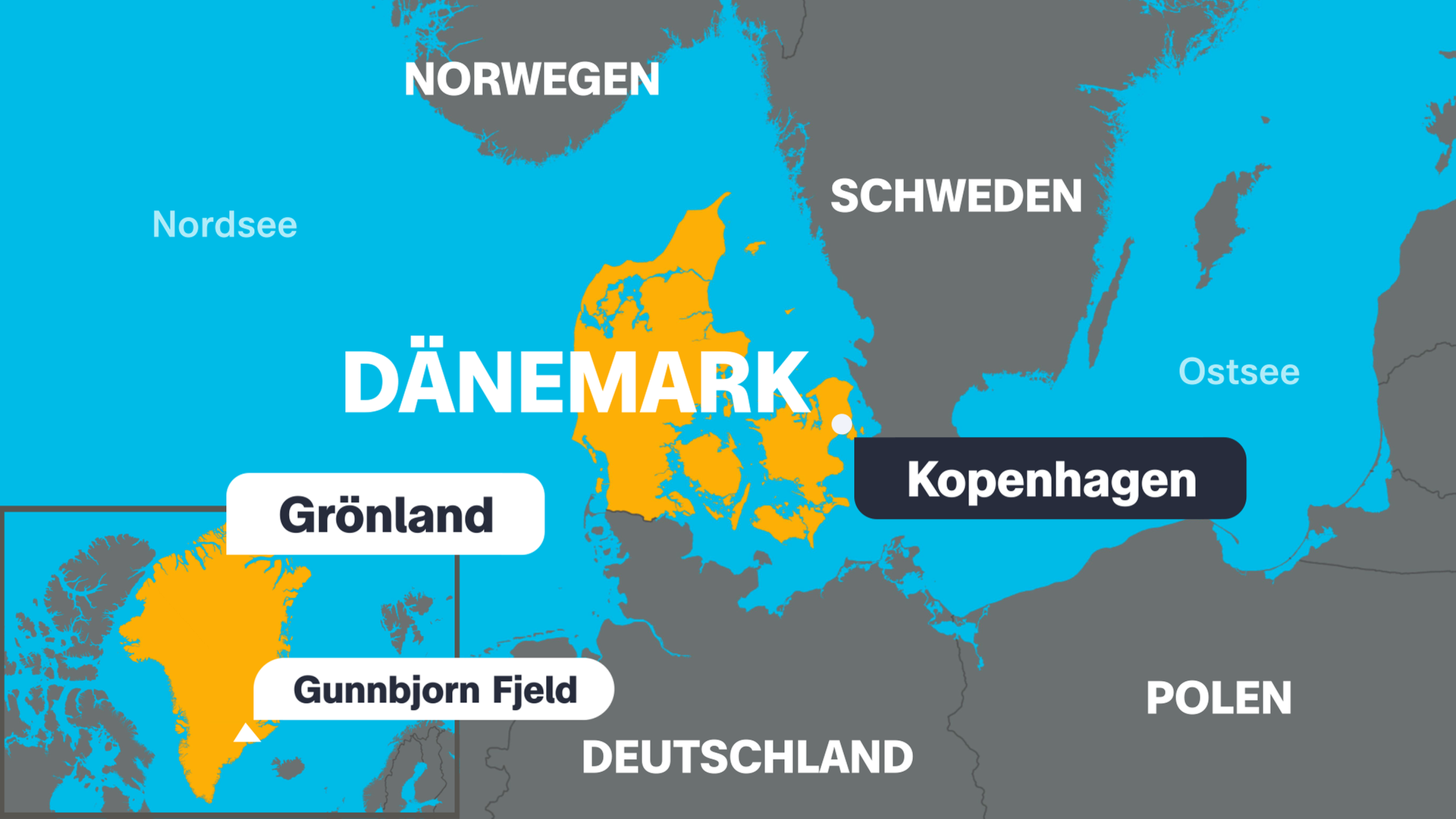 Eine Karte von Dänemark mit der Hauptstadt Kopenhagen, dem höchsten Berg Gjunnborn Fjeld und den angrenzenden Ländern.