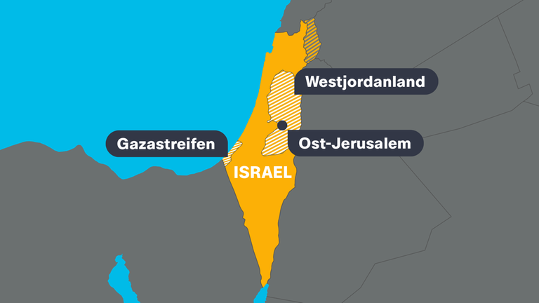 Eine Karte auf der der Gazastreifen, das Westjordanland und Israel abgebildet sind. 