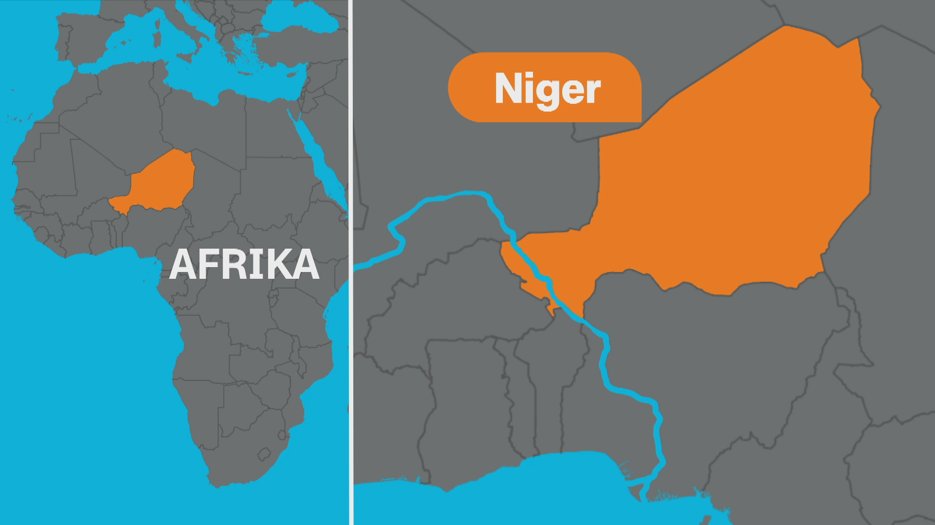 Links ein Kartenausschnitt von Afrika, grau unterlegt, das Land Niger ist darin gelb markiert. Rechts eine vergrößerte Ansicht von Niger, ebenfalls gelb unterlegt. 